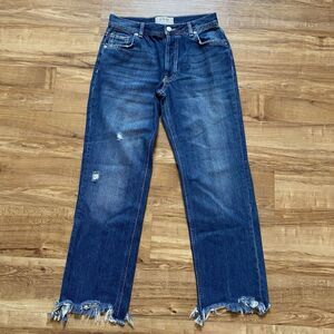 FREE PEOPLE 25 Maggie Mid Rise Straight Leg Blue Boho Raw Hem Hippie Jeans 70s